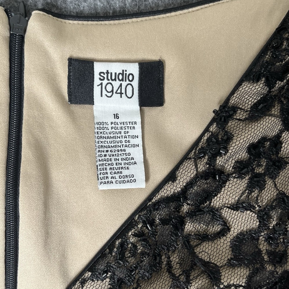 Studio 1940 Midi Dress Womens 16 Black Lace Beaded Ruched Cocktail Evening Party - Picture 4 of 12